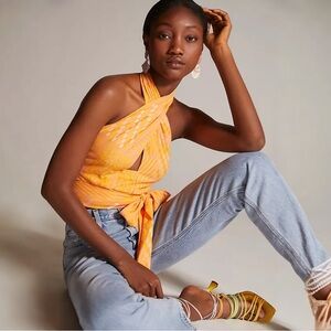 Eva Franco Anthropologie Citrus Yellow Knit Summer Wrap Halter Top